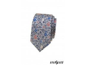 Světle šedá luxusní pánská slim kravata s barevnými květy