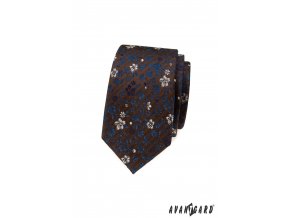 Hnědá luxusní pánská slim kravata s modrým květovaným vzorem