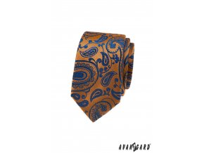 Oranžová luxusní pánská slim kravata s modrým vzorem