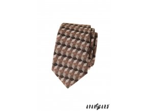 Béžovo-hnědá luxusní pánská slim kravata s trojrozměrným vzorem