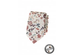 Bílá bavlněná luxusní pánská slim kravata s květy