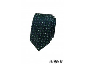 Tmavě modrá luxusní pánská slim kravata se zelenými květinkami