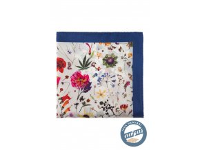 Bílý hedvábný kapesníček do saka s květy a modrým okrajem