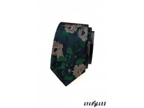 Tmavě modrá luxusní pánská slim kravata s květy a zelenými listy