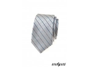 Světle šedá luxusní pánská slim kravata s kárem a barevnými detaily