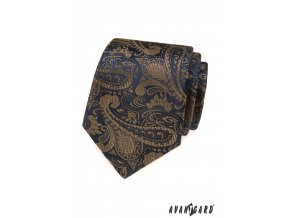 Tmavě modrá luxusní pánská kravata s hnědým vzorem + kapesníček do saka
