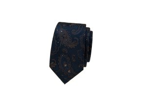Tmavě modrá luxusní pánská slim kravata s jemným hnědým vzorem Paisley