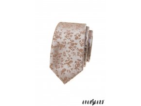 Béžová luxusní pánská slim kravata s béžovými květy