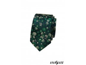 Tmavě modrá luxusní pánská slim kravata se zeleno-béžovými květy