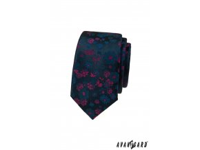 Tmavě modrá luxusní pánská slim kravata se sytě růžovými květy