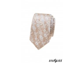 Béžová luxusní pánská slim kravata s bílými květy