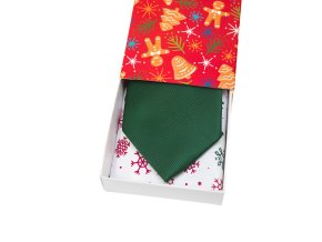 Tmavě zelená luxusní pánská kravata + kapesníček do saka (vánoční dárková sada)