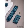 Tmavě modrá luxusní pánská slim kravata s tyrkysovými květy