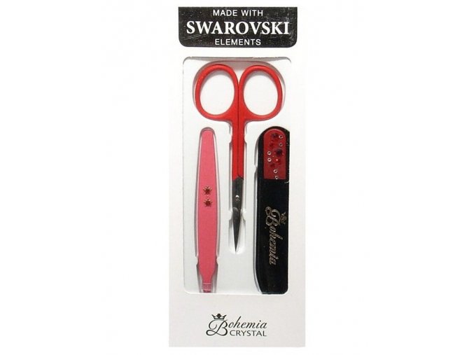 BOHEMIA CRYSTAL Manikura Swarovski - skleněný pilník 90mm + pinzeta + nůžky - červená