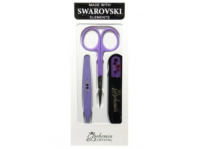 BOHEMIA CRYSTAL Manikura Swarovski - skleněný pilník 90mm + pinzeta + nůžky - fialová