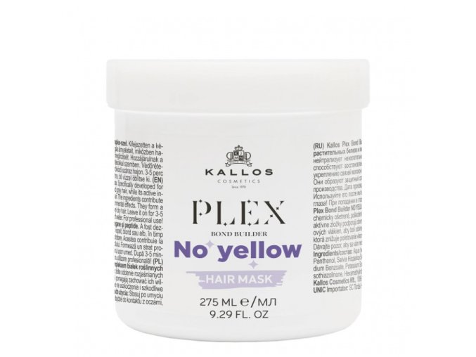 KALLOS Plex Bond No Yellow Hair Mask 275ml - neutralizační maska proti žlutým tónům blond vlasů
