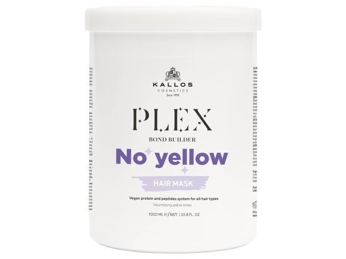 KALLOS Plex Bond No Yellow Hair Mask 1000ml - neutralizační maska proti žlutým tónům blond vlasů