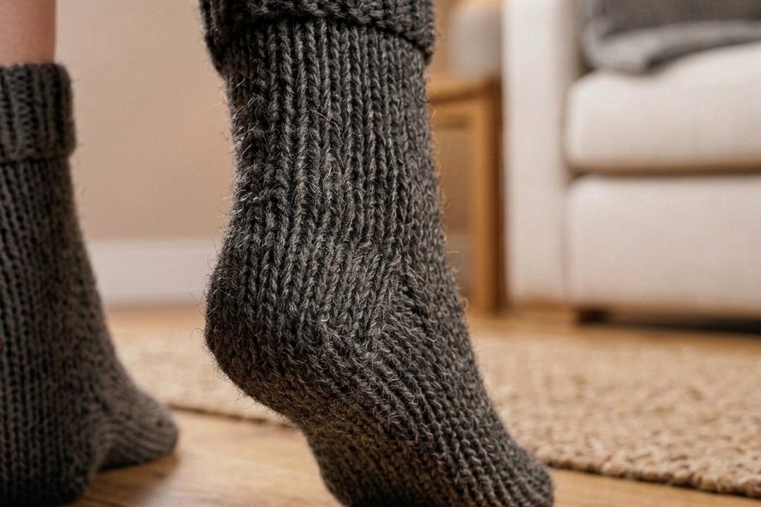 Ručne pletená vlnená ponožka na nohe, tvarovaná päta