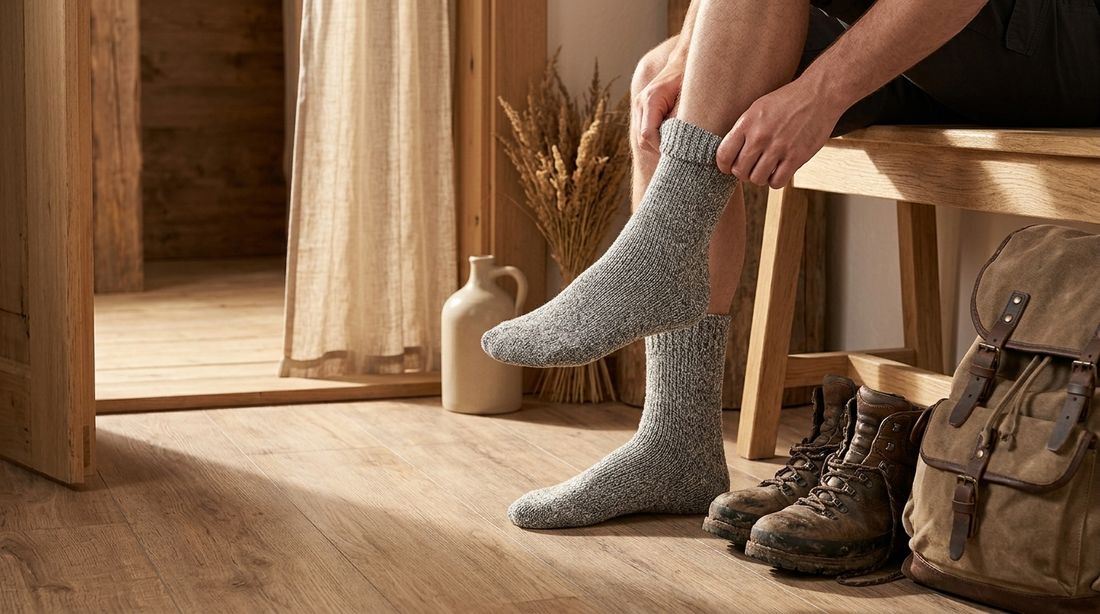 Muž si v předsíni chaty natahuje světle šedé vlněné ponožky, vedle pohorky a batoh
