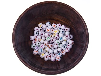 White bead with letters ?7 mm / 100pcs