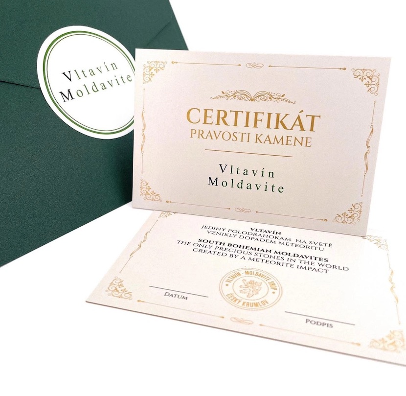 Certifikát pravosti kamene. Certifikát pravosti Vltavínů