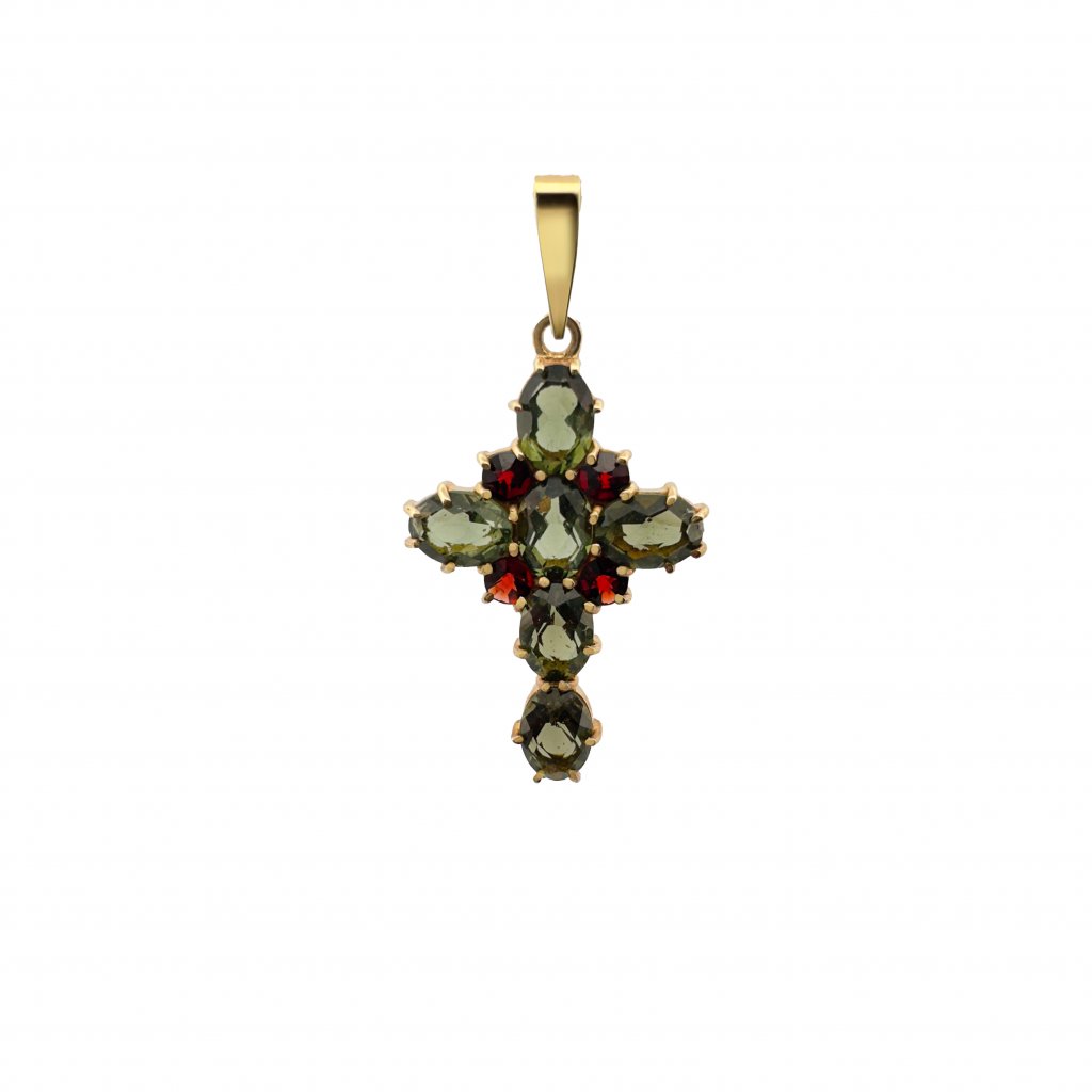 Gold pendant with vltavinia and garnets P2000281970007