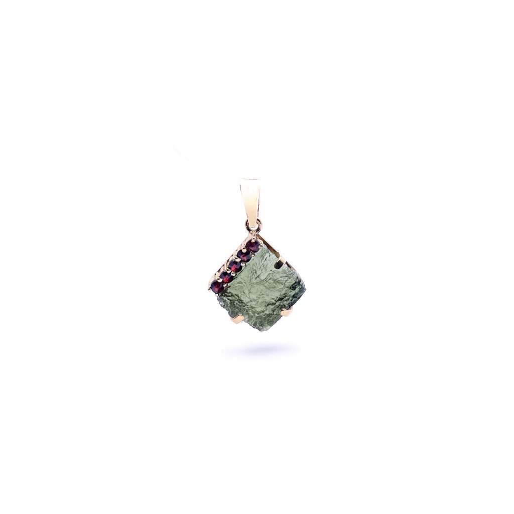 Moldavite pendant in gold with garnet 2000266560001