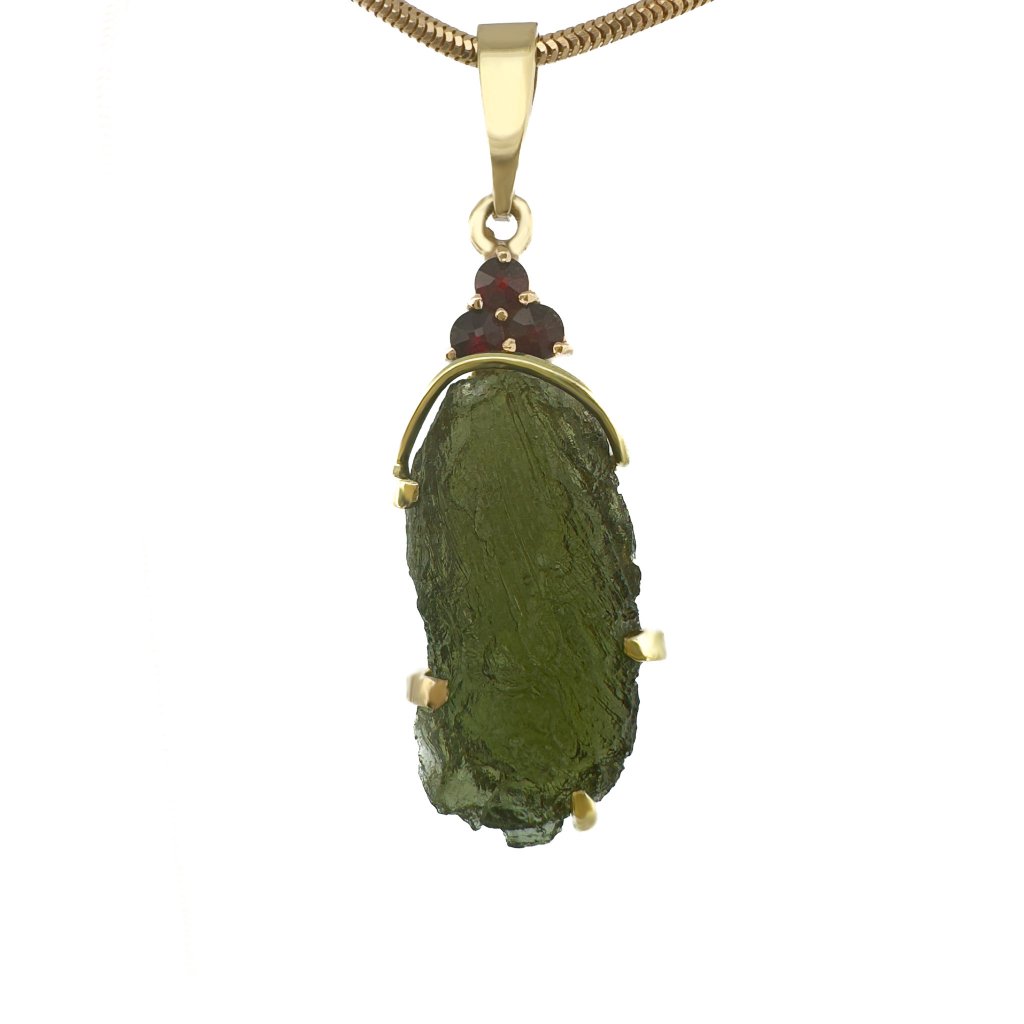 Moldavite pendant in gold with garnet 2000168870000
