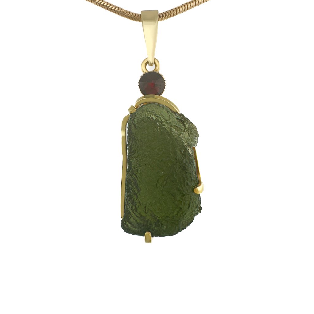 Moldavite pendant in gold with garnet 2000169060004