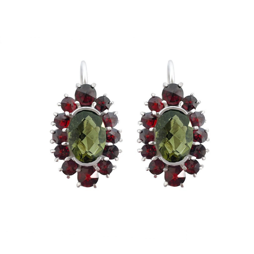 Moldavite earring in silver with garnet 200028722007