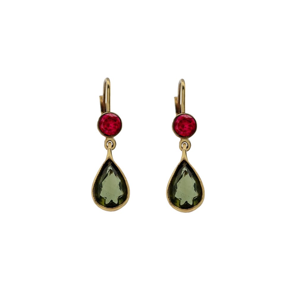 Gold earrings with Moldavite and zircons P2000280350008