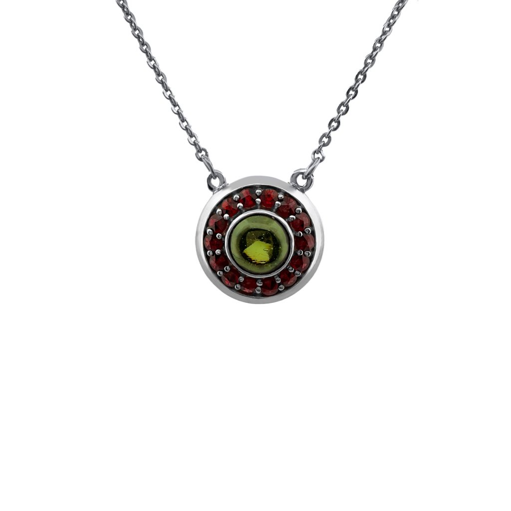Silver necklace with Moldavite and garnets P2000326560002