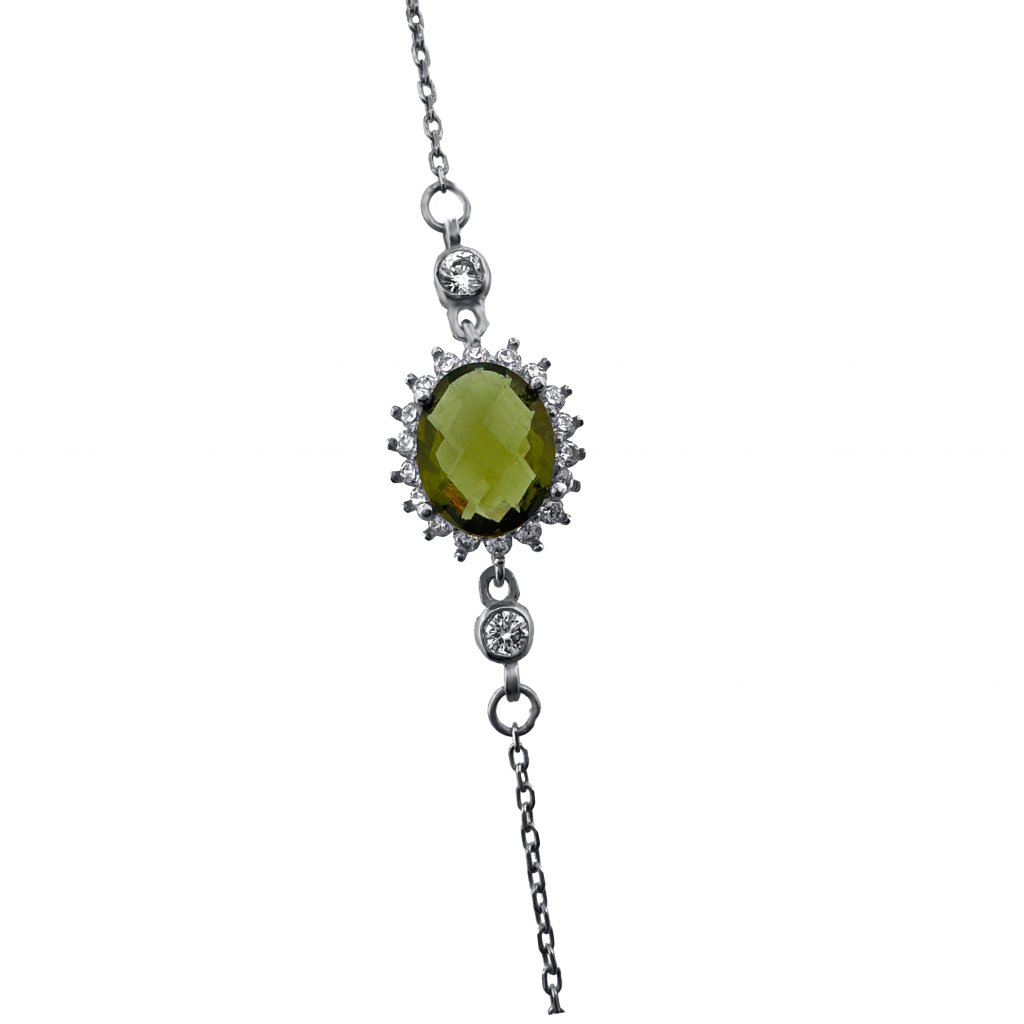 Silver bracelet with Moldavite and zircons 2000328140004