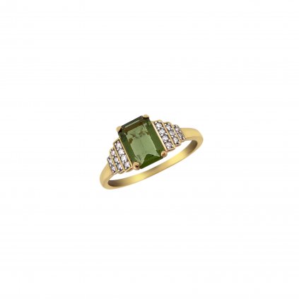 Luxusní zlatý prsten s vltavínem a diamanty 2000329950008