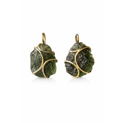 Golden earrings with raw Moldavite stones 2000046840002