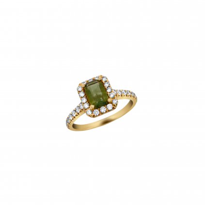Luxusní zlatý prsten s vltavínem a diamanty 11694