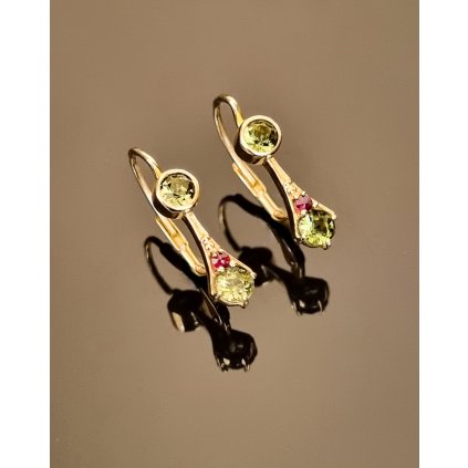 Zlaté náušnice s vltavíny a granáty P20 0079