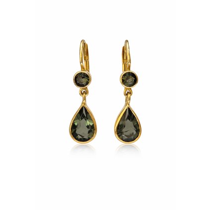 Zlaté visací náušnice s vltavíny ve tvaru kapek P20 0077