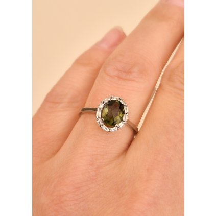 Stříbrný prsten s vltavínem a zirkony 2000352790008 B