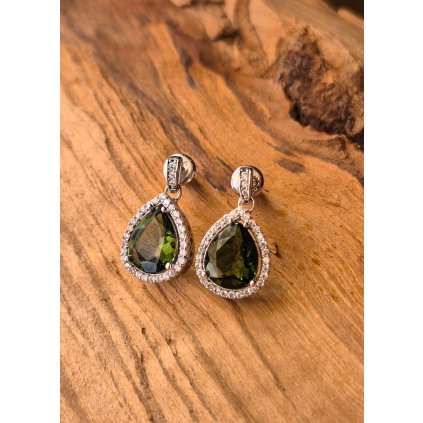 Stříbrné náušnice s vltavíny a zirkony P32 0052