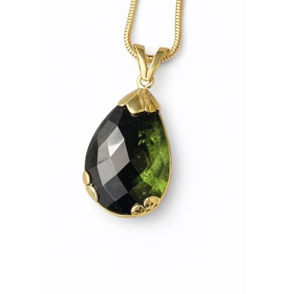 Luxusní zlatý přívěsek s vltavínem ve tvaru kapky P21 0104