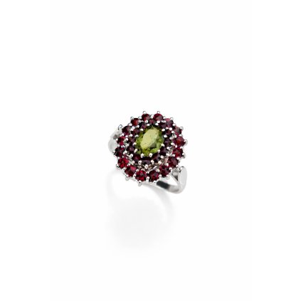Stříbrný prsten s vltavínem a granáty P30 0077