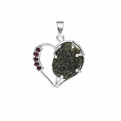 Stříbrný přívěsek s vltavínem a granáty srdce 37 0374