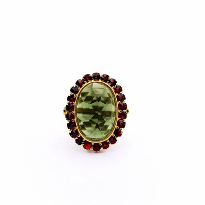 Moldavite ring in gold with garnet 2000275050005