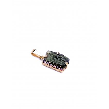 Moldavite pendant in gold with garnet 2000266610003