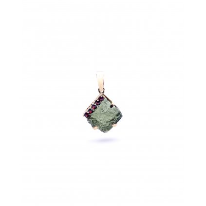 Moldavite pendant in gold with garnet 2000266560001