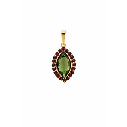 Moldavite pendant in gold with garnet 2000091220002