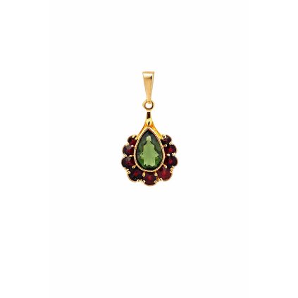Moldavite pendant in gold with garnet 2000282100007