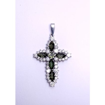 Stříbrný přívěsek  kříž s broušenými vltavíny a zirkony P47 0005