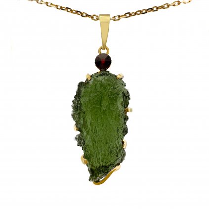 Moldavite pendant in gold with garnet 2000168830004